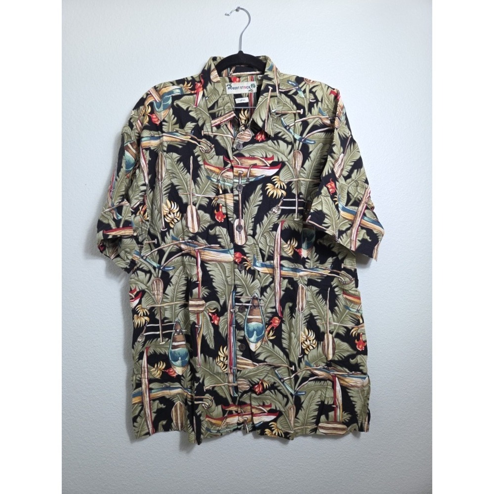 Robert Stock Mens Large Tropical Outrigger Canoe Palm Print Cotton Rayon Shirt